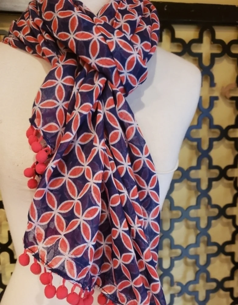 MUDPIE NWOT RED BLUE POM POM SCARF/WRAP‎